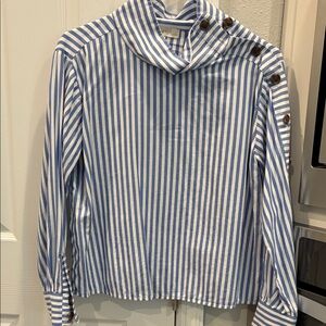 Loft Blue and White Vertical Stripe Button-Shoulder Blouse